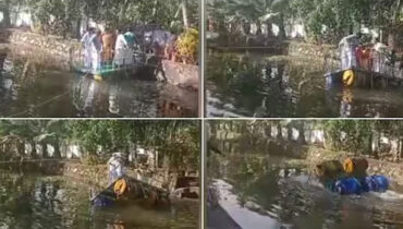 വീപ്പകള്‍ ചേര്‍ത്ത് ചങ്ങാടമുണ്ടാക്കി; ഉദ്ഘാടന യാത്രയില്‍ പഞ്ചായത്ത് പ്രസിഡന്റും നാട്ടുകാരും വെള്ളത്തില്‍