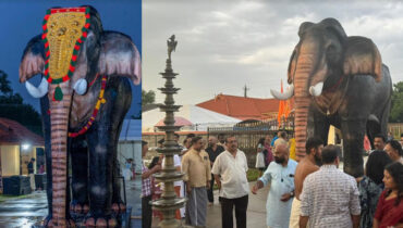 ഗജരാജ സമര്പ്പണത്തിന് പനിനീര്മഴതൂകി പ്രകൃതി; ഹൂസ്റ്റണ് ഗുരുവായൂരപ്പന് ക്ഷേത്രത്തിൽ ലോകത്തെ ഏറ്റവും വലിയ ആന പ്രതിമ