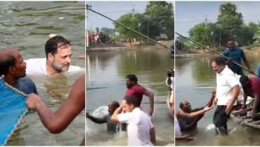 തെരഞ്ഞെടുപ്പ് പ്രചാരണത്തിനിടെ കുളത്തിലേക്ക് ചാടി രാഹുൽ ഗാന്ധി, വലയെറിഞ്ഞ് മത്സ്യത്തൊഴിലാളികൾക്കൊപ്പം മീനും പിടിച്ച് മടക്കം; വീഡിയോ