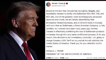 ഗൾഫ്‌സ്ട്രീം എയ്‌റോസ്‌പേസിൻ്റെ ബിസിനസ് ജെറ്റുകൾക്ക് ഉടൻ സർട്ടിഫിക്കേഷൻ നൽകണം, ഇല്ലെങ്കിൽ കാനഡയ്ക്ക് 50% തീരുവ; ഭീഷണിയുമായി ട്രംപ്