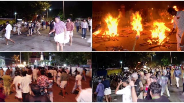 യൂത്ത് കോൺഗ്രസ്‌ നൈറ്റ് മാർച്ചിന് നേരെ യൂണിവേഴ്സിറ്റി ഹോസ്റ്റലിൽ നിന്ന് കല്ലും ബിയർ കുപ്പി ഏറും, തിരിച്ച് പന്തമെറിഞ്ഞു, എസ്എഫ്ഐയുമായി ഏറ്റുമുട്ടൽ; തലസ്ഥാനത്ത് തീക്കളി, എങ്ങും തെരുവ് യുദ്ധം